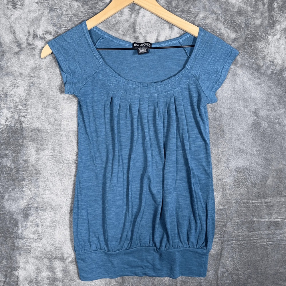 Miss Chievous Womens Pleated Tunic Top Blouse Size S Blue Short Sleeve